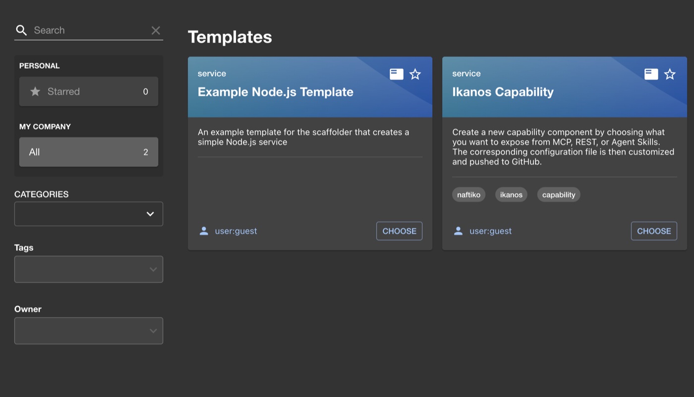 Backstage templates page showing the Ikanos Capability template