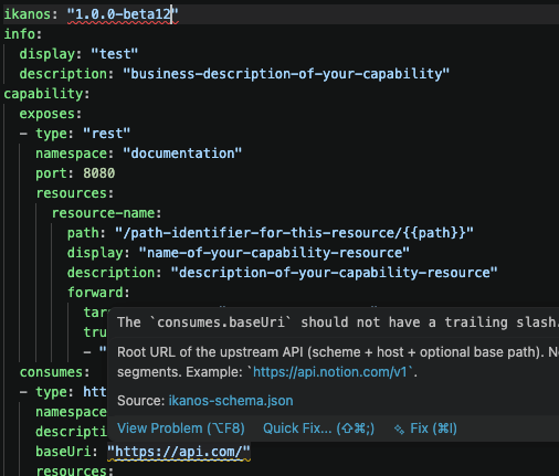 VS Code editing a capability file, with an inline lint message from the capability schema